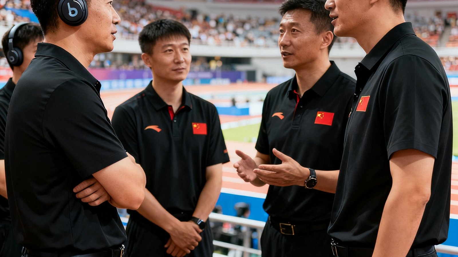 beats365中国团队在赛事现场沟通，穿着统一黑色制服，背景是大型体育场馆